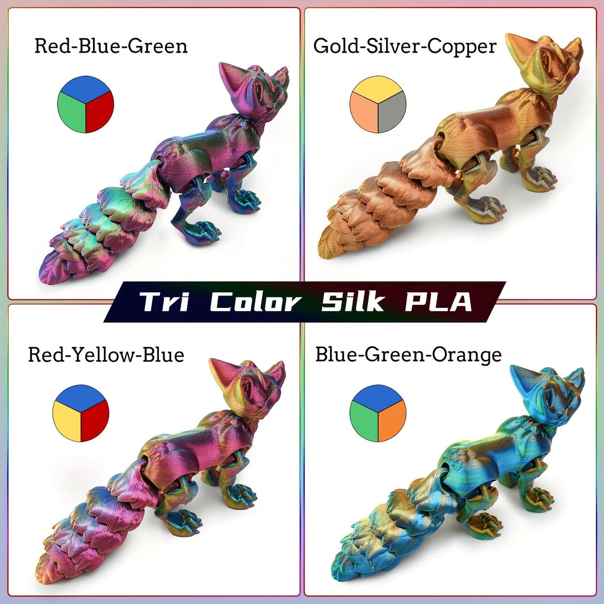 PLA Filament 1.75mm, 3D Printer Filament Bundle, Tri-Color Rainbow PLA Filament with Color Change, 4 x 250g Spools Coextrusion 3D Filament, Total 1kg, Fits Most FDM 3D Printers