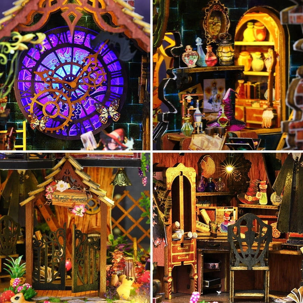 Magic Spirit 3D Wooden Miniature Model Kit - Enchanted Wizard Cottage with Glowing LED Windows, Fantasy Forest Villa DIY Puzzle Gift for Adults and Hobbyists