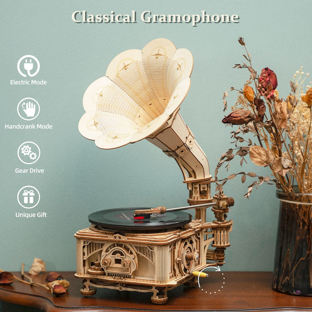 ROKR 3D Wooden Puzzle Automatic Gramophone Model Kits Electric Mode Self-Assembly Record Player Support 7"/10" Vinyl Premium Gifts Home Decor
