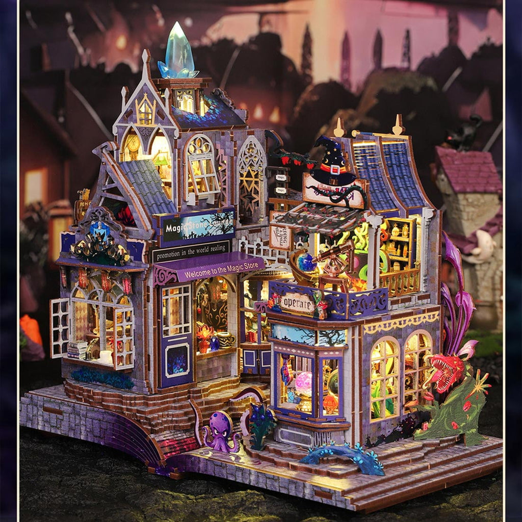 DIY Miniature House Kit, 3D Wooden Puzzle Magic Castle Street Scene Model Kit with Touch Light, Handcrafted Miniature Fairy Tale House for Adults