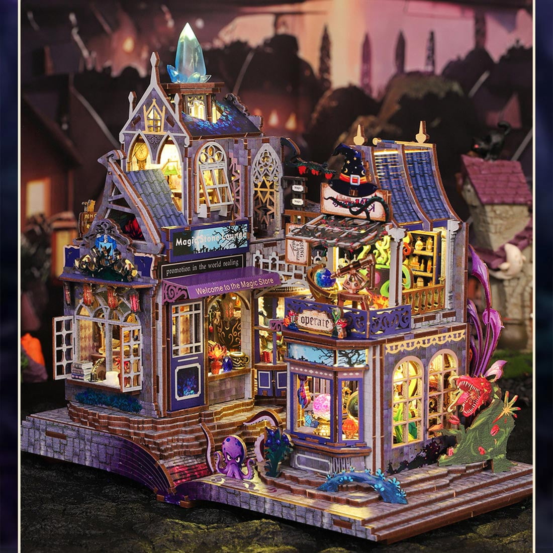 DIY Miniature House Kit, 3D Wooden Puzzle Magic Castle Street Scene Model Kit with Touch Light, Handcrafted Miniature Fairy Tale House for Adults