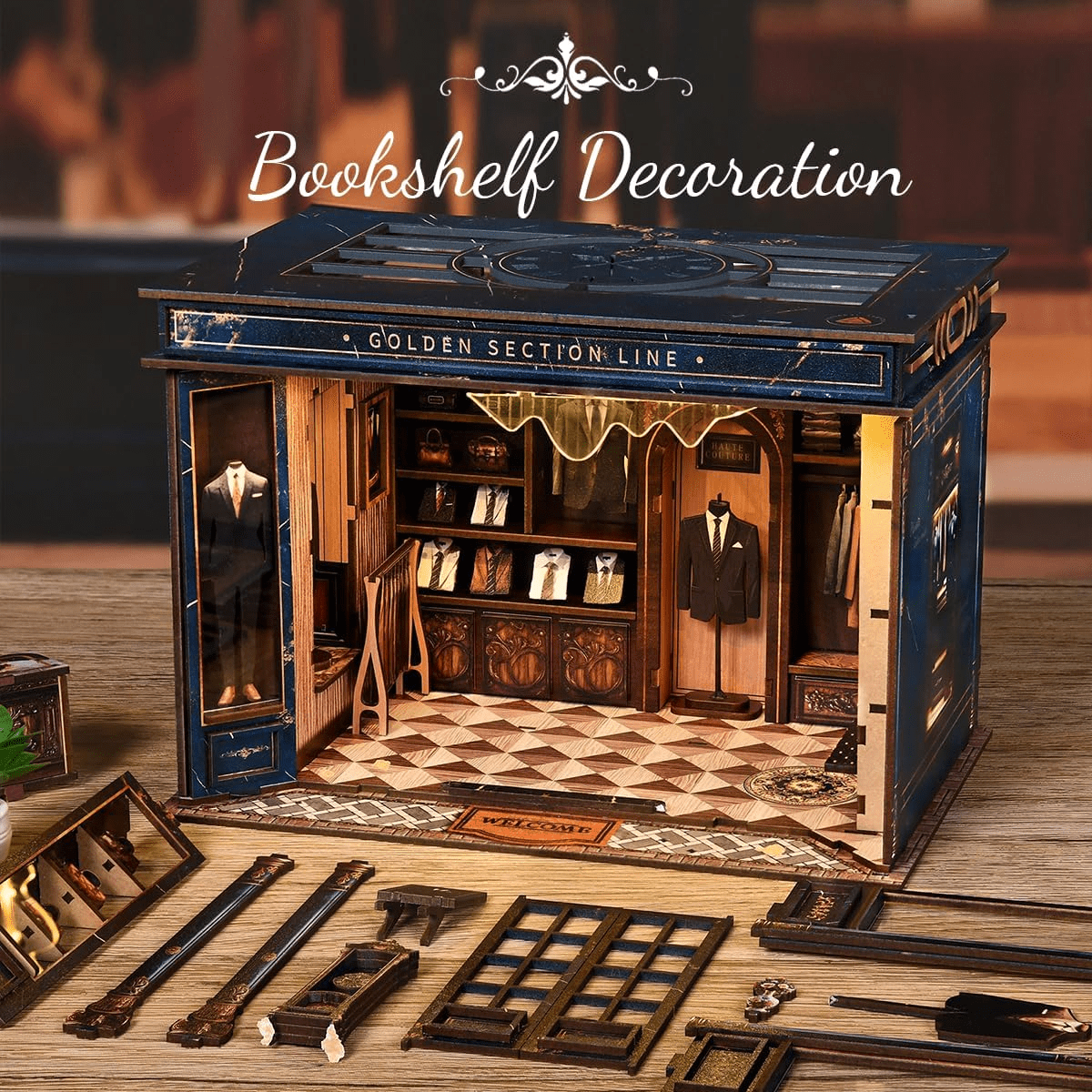 Qissep Book Nook Kit for Adults - Golden Section Line DIY Miniature Dollhouse 3D Wooden Puzzle, Creative Bookshelf Insert Decor, Unique Home Decoration Craft Kits for Women Men