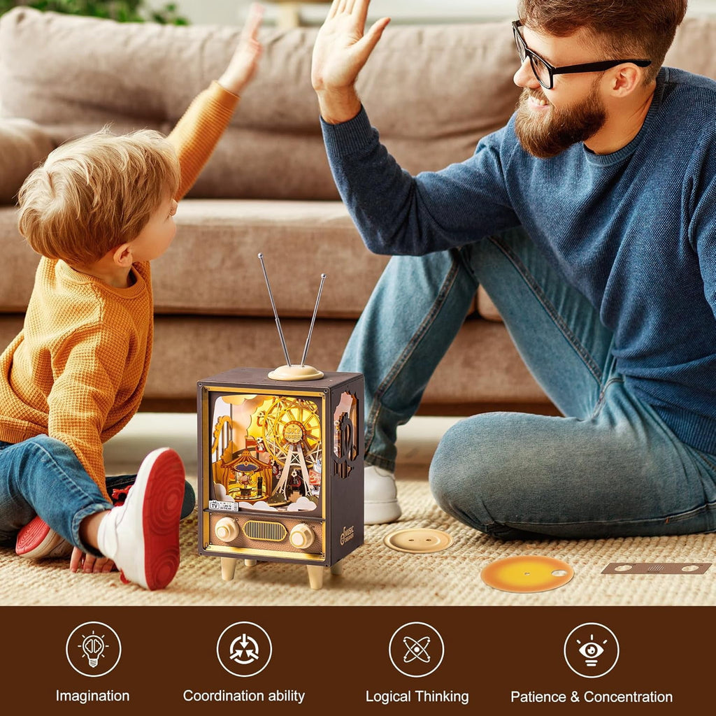ROBOTIME Sunset Carnival 3D Wooden Puzzle Music Box,DIY Tiny House Model Craft Kits for Bookends Bookshelf Decor,Gifts for Teens Adults Boys Girls