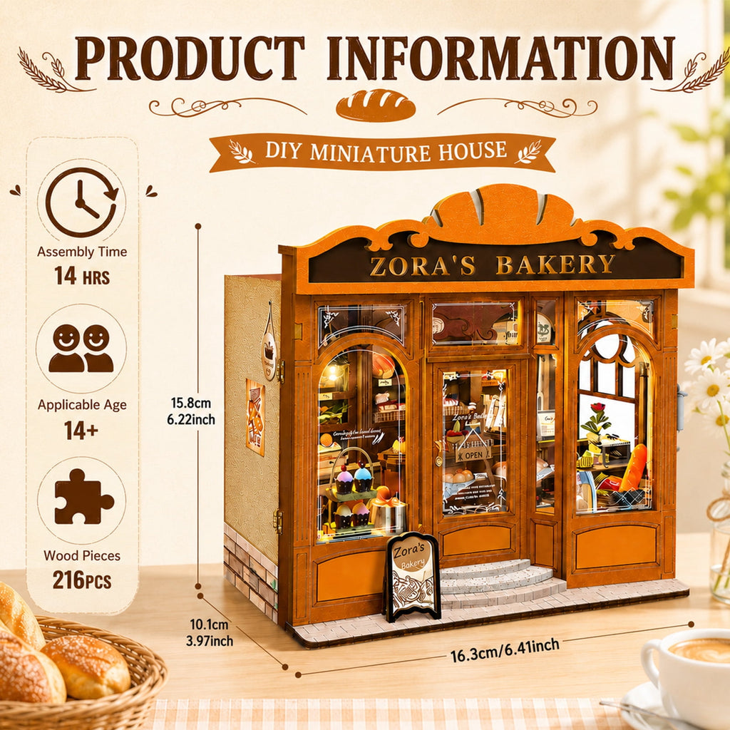MOJINO DIY Book Nook Kit, Zora's Bakery Miniature House 3D Wooden Puzzle with LED Light, Tiny Home Dollhouse Craft Kit for Adults & Teens