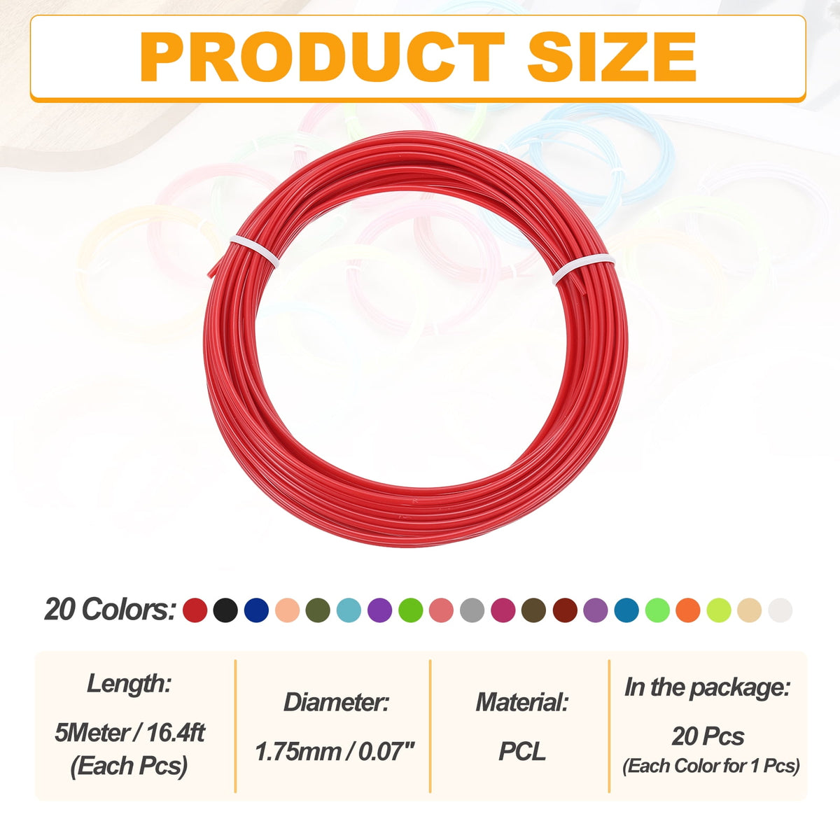 Uxcell 20 Colors 3D Pen Filament, 1.75mm Each 16.4FT, Total 328FT PCL Filament Refills Low Printing Temperature for 3D Drawing Pens