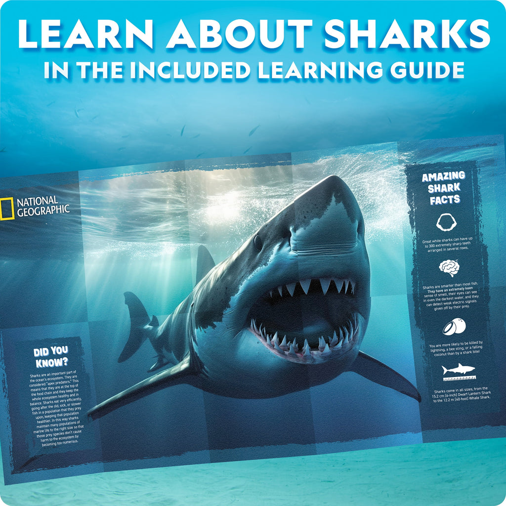 National Geographic Motorized Shark 3D Puzzle – 45-Piece Wooden Model Kit with Light-Up Display Base and Shark Facts