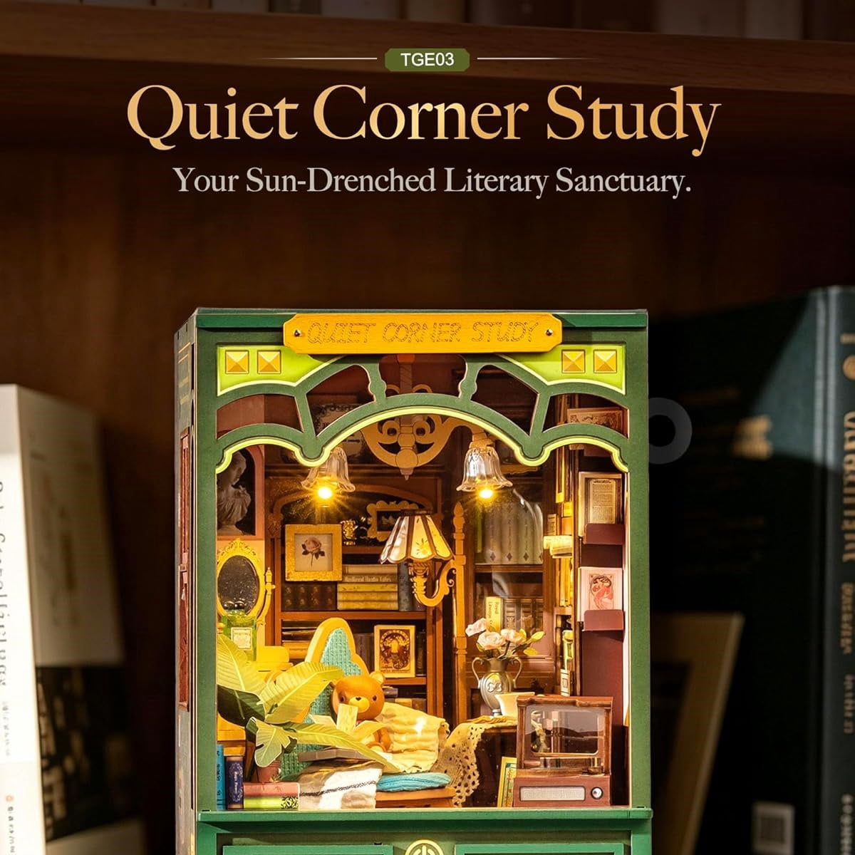 Rolife Quiet Corner Study Diy Book Nook Kit, 3D Wooden Puzzle with Led Light and Openable Window, Bookshelf Decor for Adults