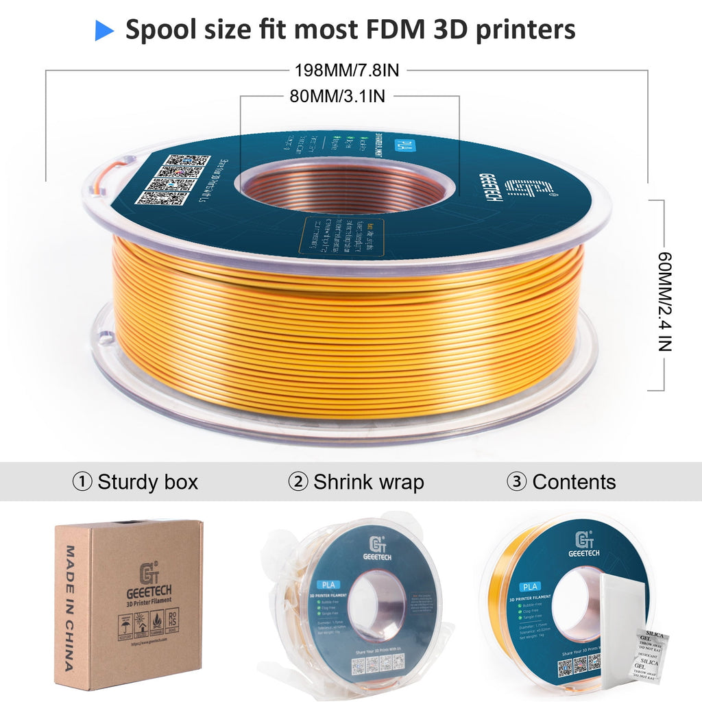 Geeetech Anti-silk type 3D Printer PLA Filament 1kg Toughness Enhanced Filament with 1.75mm Dimensional Accuracy +/-0.03mm, 1080 Feet per Roll, Vacuum Packaging Three-color blue, purple and black