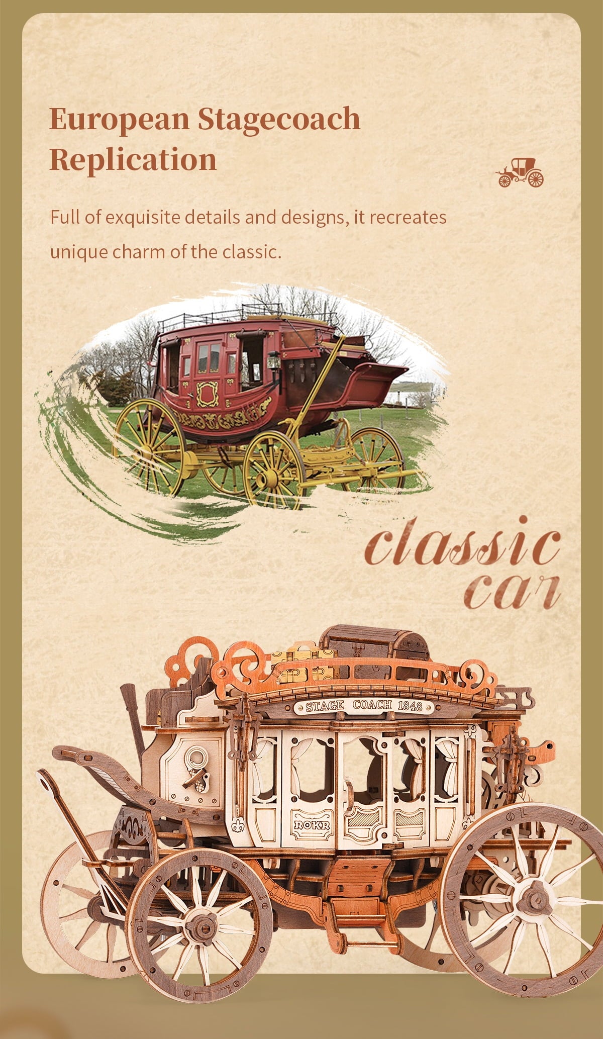 Robotime 3D Wooden Puzzles for Adults Music Box Model Car Stagecoach Toys Gift for Teens Adult