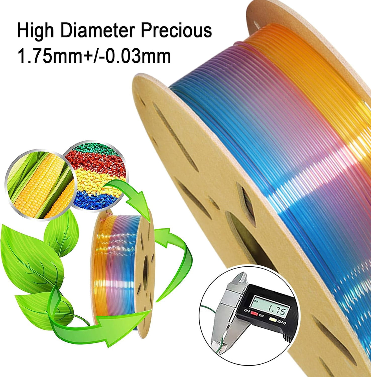 Fast Color Change Natural Rainbow PLA 3D Printing Filament, Tidy Winding 1.75mm PLA, Widely Fit for Printer; 1KG Cardboard Material, Clear Transparent Type Multi Colored