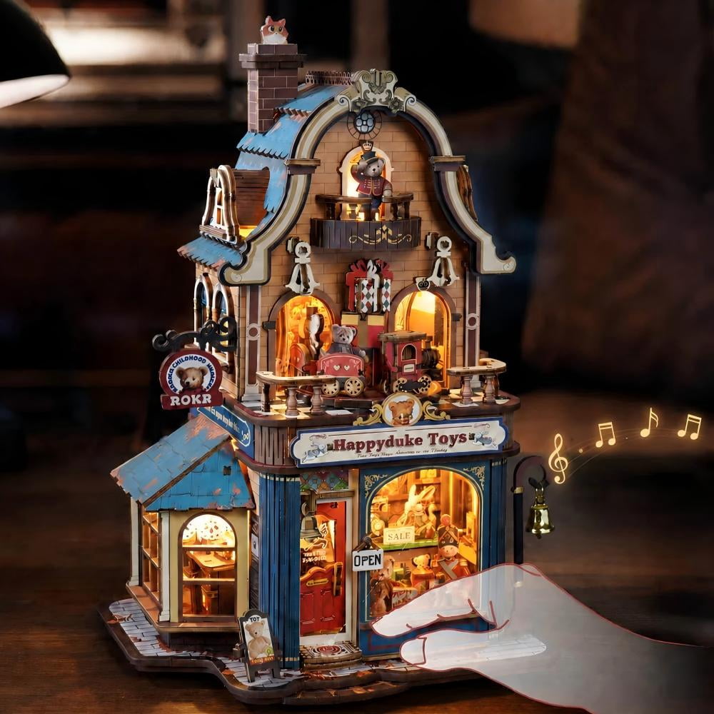 ROKR Happyduke Toys Moving Wooden 3D Puzzle Model Kit, 305-Piece Toy Shop Miniature House with Music Box, Warm LED Light for Adults and Teens