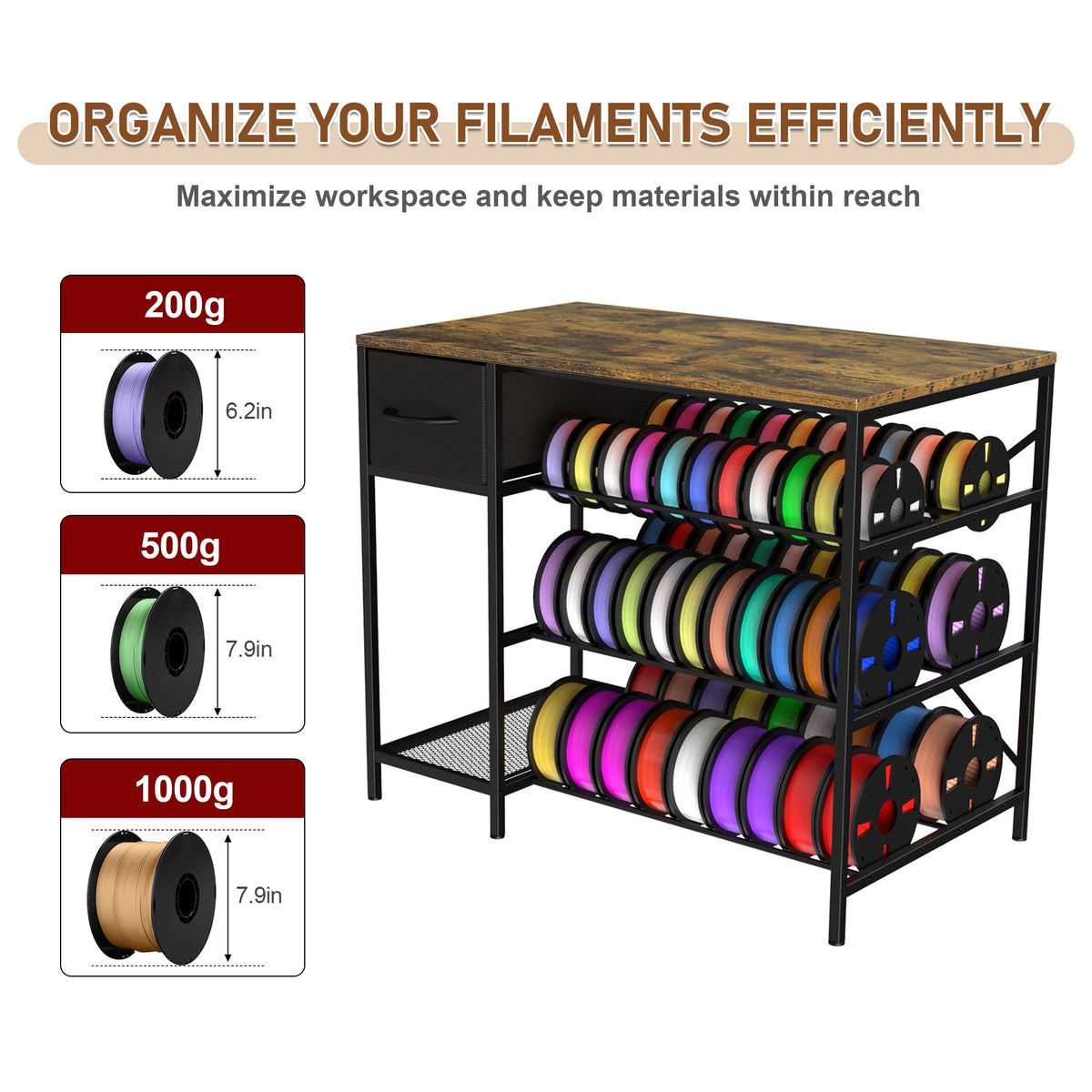 3D Printer Stand with Large Filament Storage – 4-Tier 3D Printer Filament Storage Rack with Drawer, Heavy Duty 3D Printer Table Desk for Home, Workshop, Office, Studio, Classroom, Garage