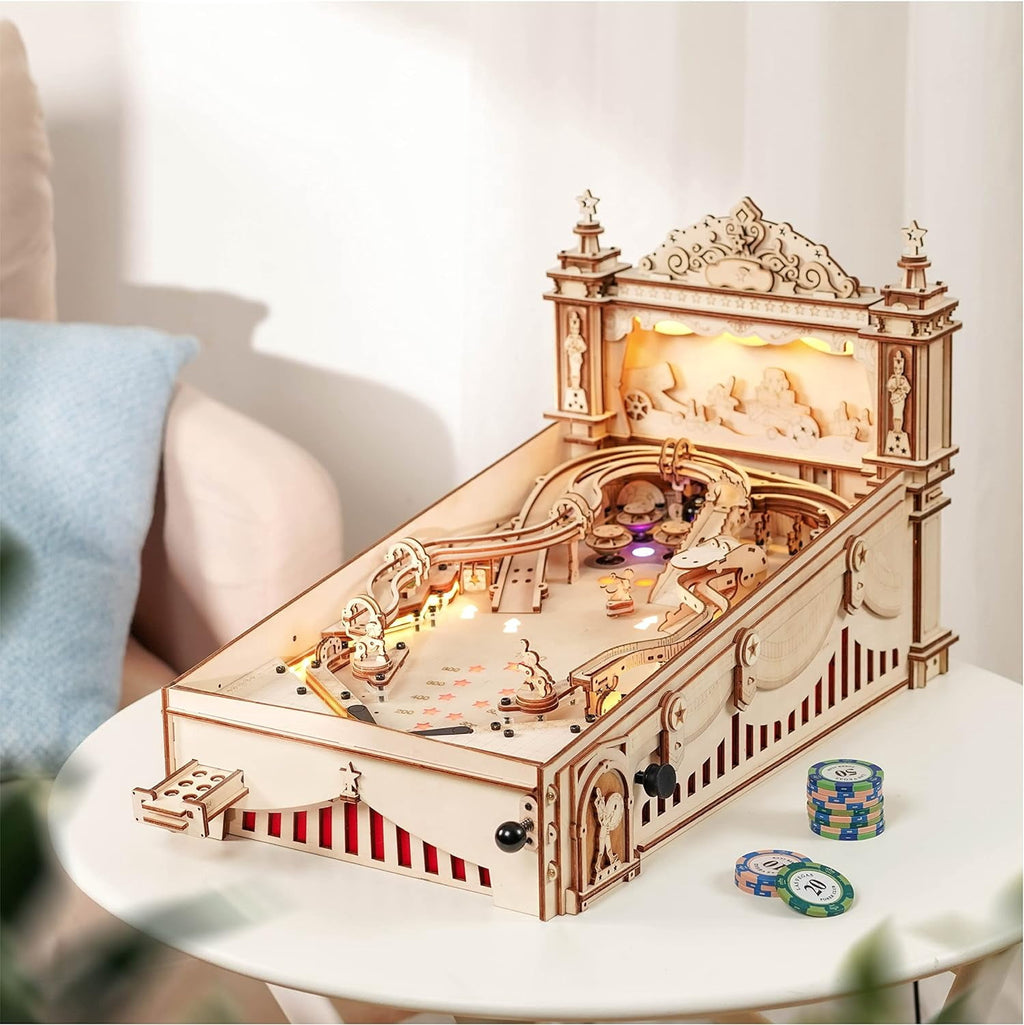Robotime Pinball Machine Diy Kit, Wooden 3D Puzzles for Adults, Pinball Game, 482 Pieces