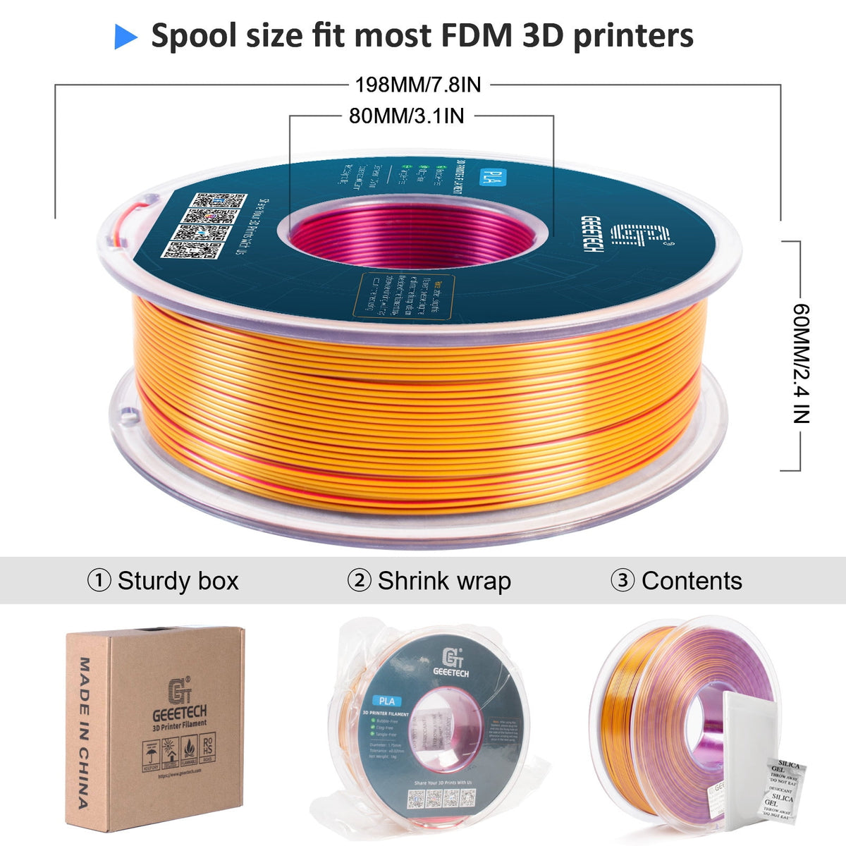 Geeetech Anti-silk type 3D Printer PLA Filament 1kg Toughness Enhanced Filament with 1.75mm Dimensional Accuracy +/-0.03mm, 1080 Feet per Roll, Vacuum Packaging Three-color blue, purple and black