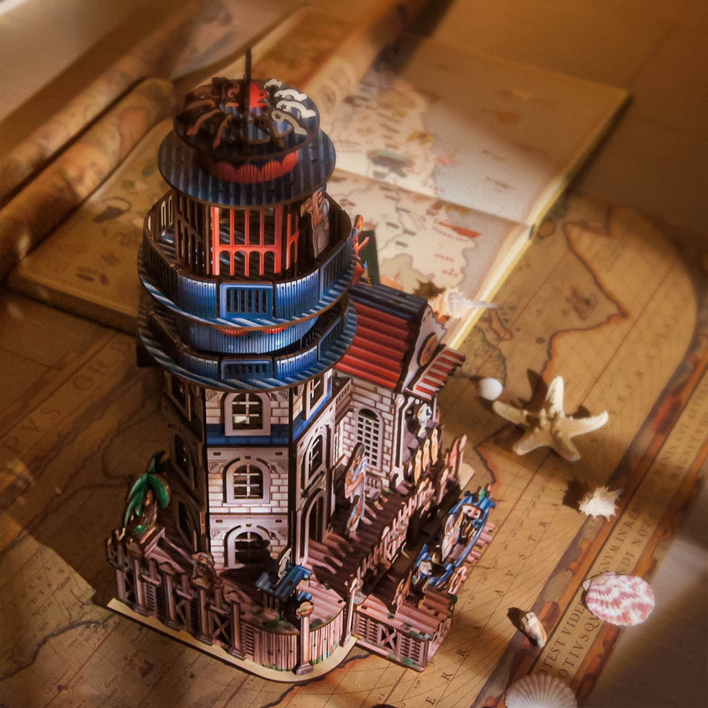 3D Wooden Puzzle Seaside Lighthouse Cabin Coastal Village Desk, 360 PCS, DIY Assembly Miniature Building Model Kit For Home Decor, Shelf Display And Creative Gifts