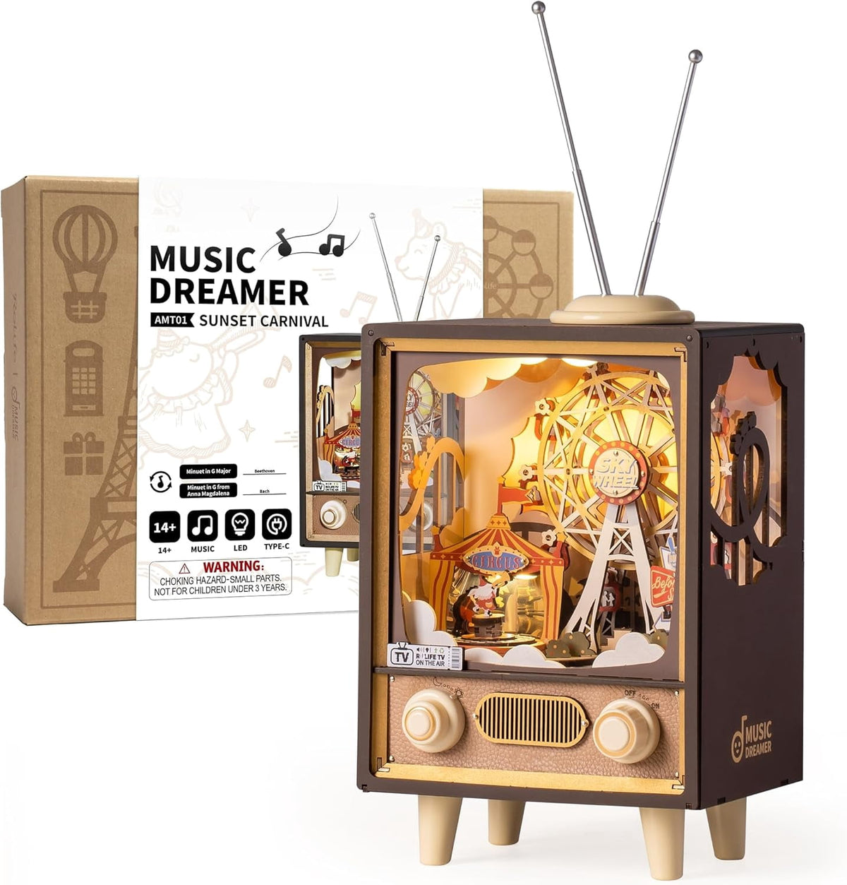 ROBOTIME Sunset Carnival 3D Wooden Puzzle Music Box,DIY Tiny House Model Craft Kits for Bookends Bookshelf Decor,Gifts for Teens Adults Boys Girls