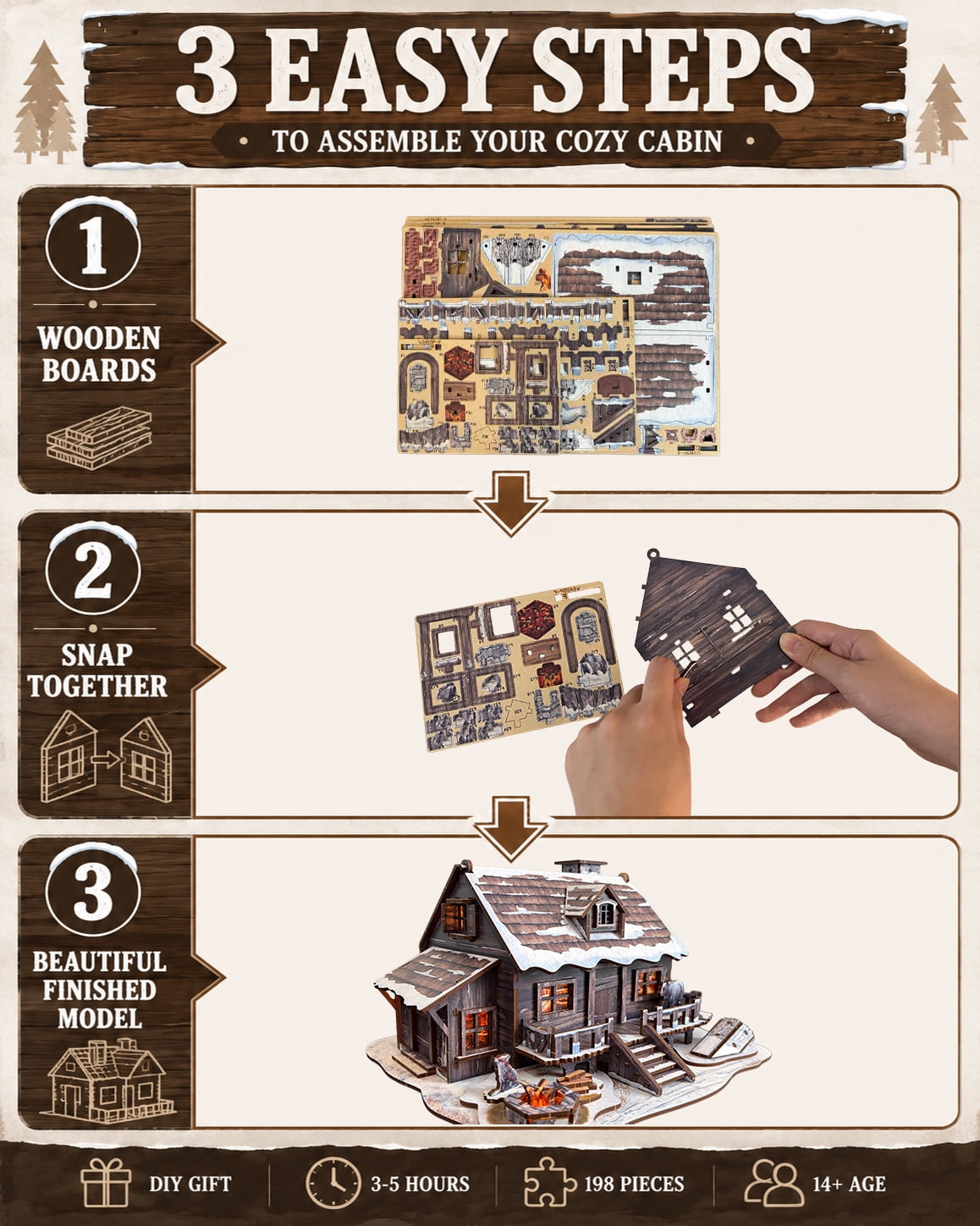 LED 3D Wooden Puzzle Winter Cabin DIY Miniature Building Kit with LED Lights - 3D Craft Rural Wooden Cabin Models Decor Gift for Adult