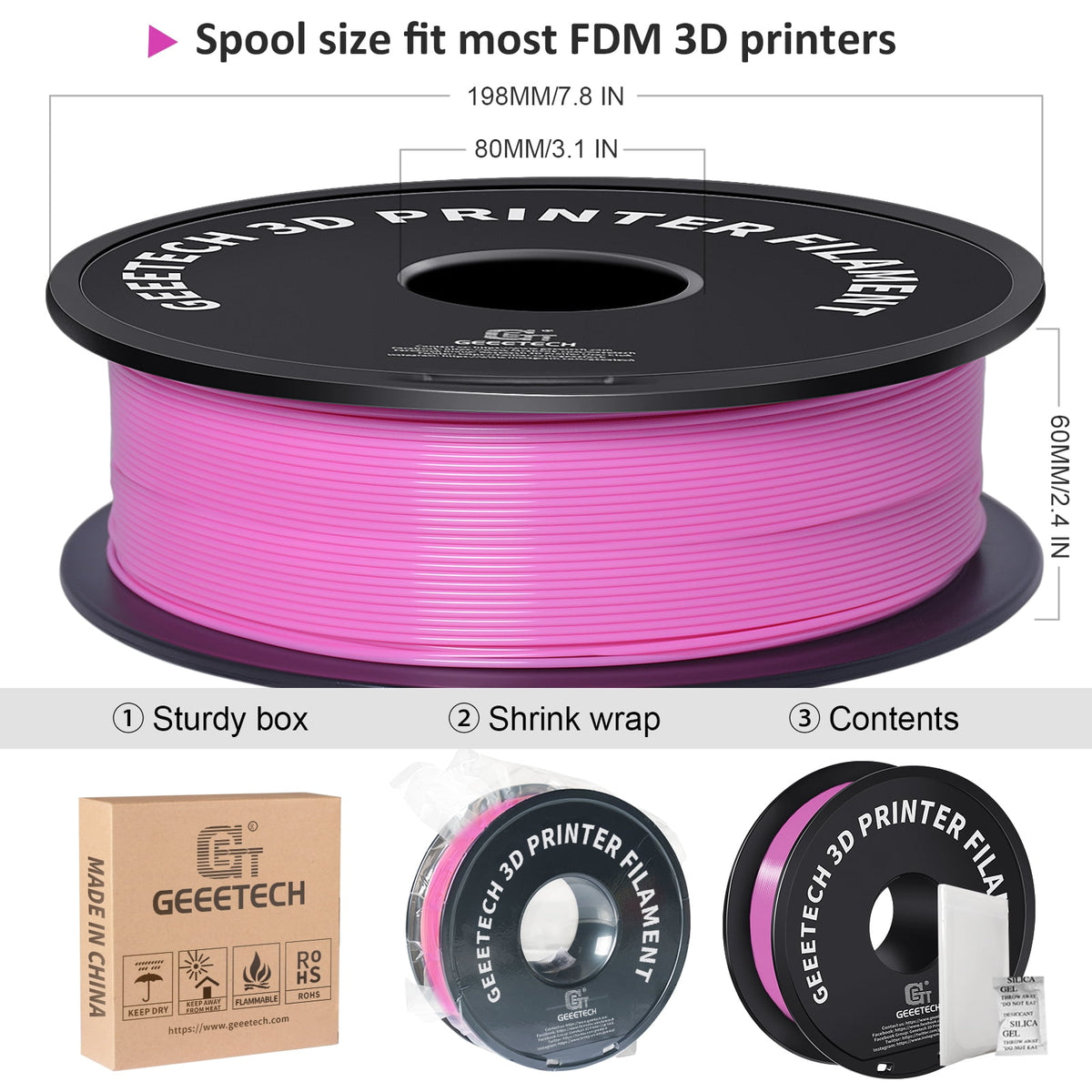 GEEETECH 3D Printer New Pink PLA Filament 1.75mm 1kg Spool (2.2lbs),Dimensional Accuracy +/- 0.03mm