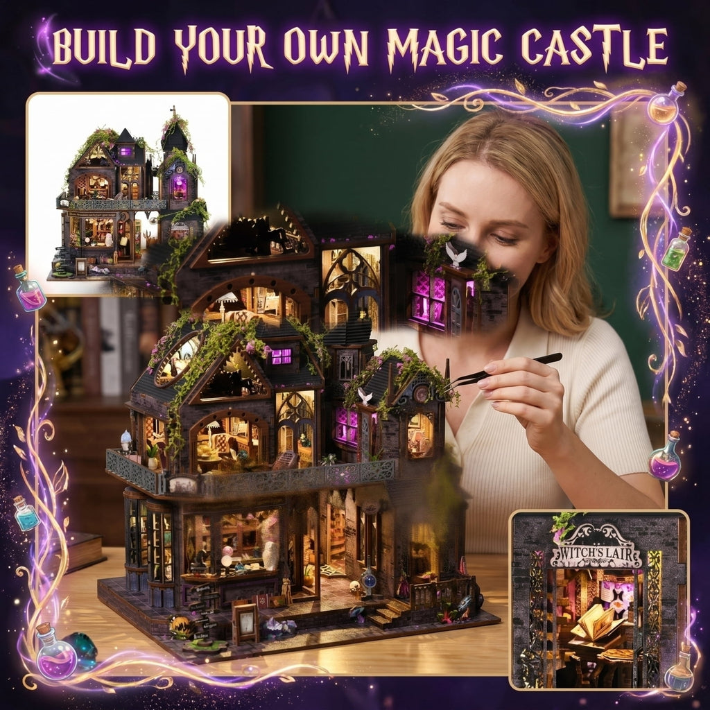 Dollhouse Kit for Adult Builders, DIY Magic Castle Gothic Witch Miniature House, 3D Wooden Puzzle Diorama with Touch‑Activated LED Lights and Music Box, Halloween Tabletop Display Gift