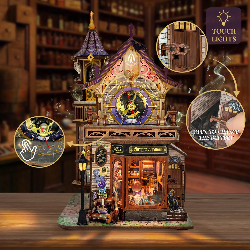Strucwood DIY Book Nook Kit Time Magic Club: Magical Clock Tower, LED Lights, 3D Wooden Puzzle Gift for Adults（SQ-71）
