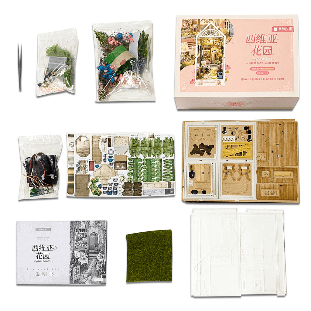 Strucwood DIY Book Nook Kit Sylvia Garden Wooden Puzzles with LED Dust Cover,3D Crafts Hobbies Gifts for Adults(SQ-22)