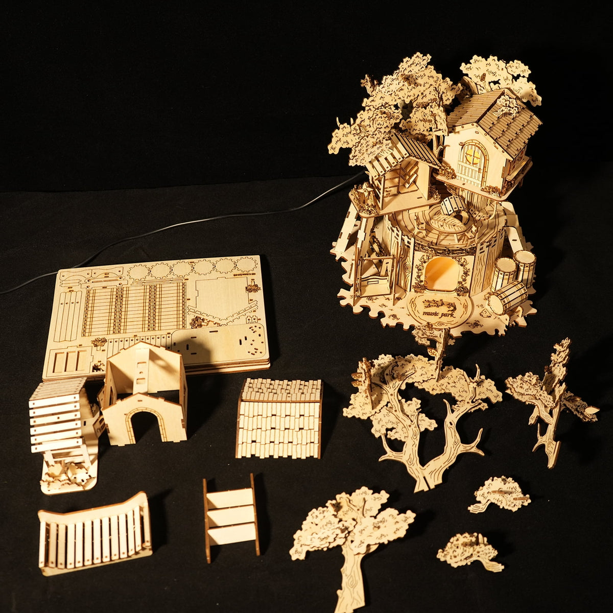 Music Park 3D Wooden Puzzle Treehouse for Adult to Build DIY Miniature Model Kit without LED Home Decor,Christmas and Birthday Gift