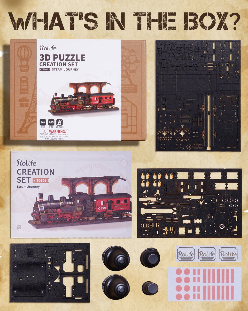 ROKR 3D Wooden Puzzle Steam Journey Train Vintage Car Model Kit Toy Xmas Gift for Boys/Girls