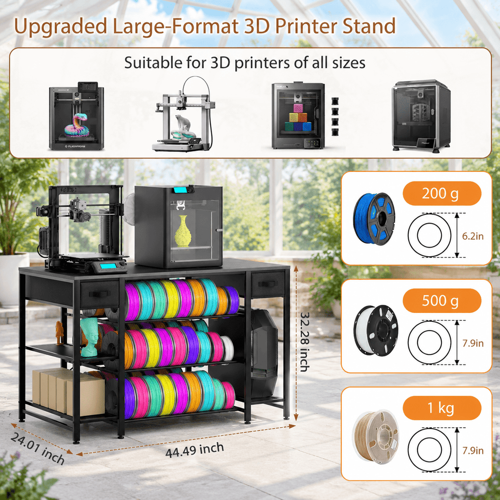 Rectangular Brown Heavy Duty Metal 3D Printer Table with Storage Drawer and Power Hub