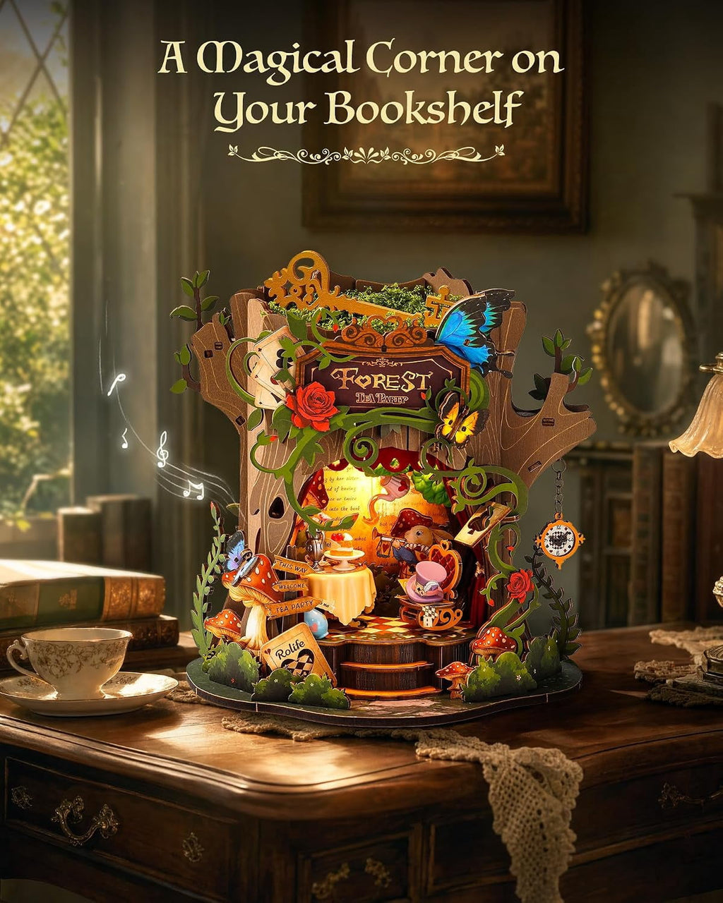 Rolife Forest Tea Party DIY Music Box, 3D Wooden Puzzle with Moving Table and Chair, Forest Tea Party Scene Decor for Adults