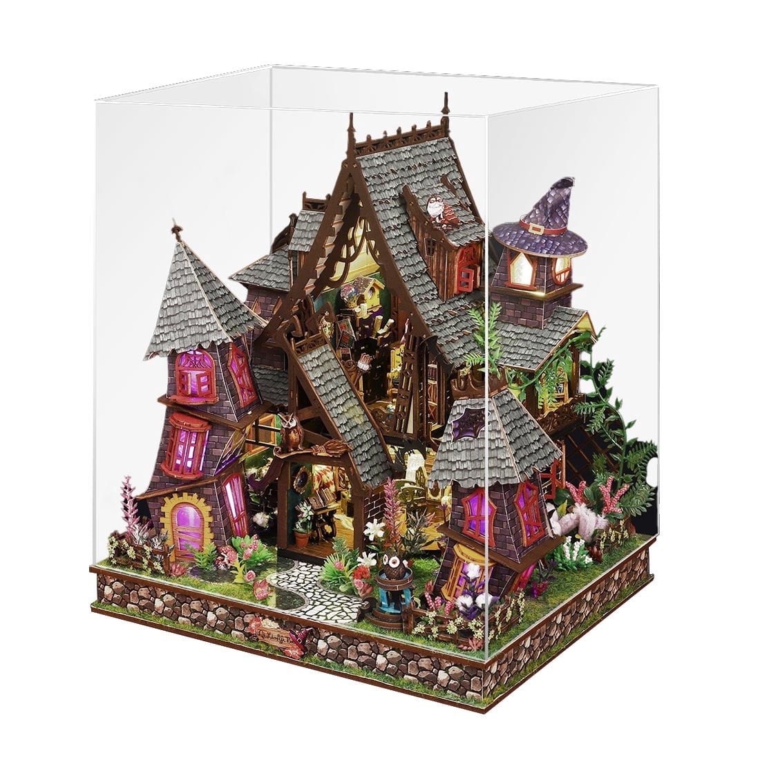 DIY Handcrafted Fairy Tale Miniature House Kits, 3D Wooden Puzzle Magic Castle Model Kit with LED Light, Vintage Style Decoration for Home
