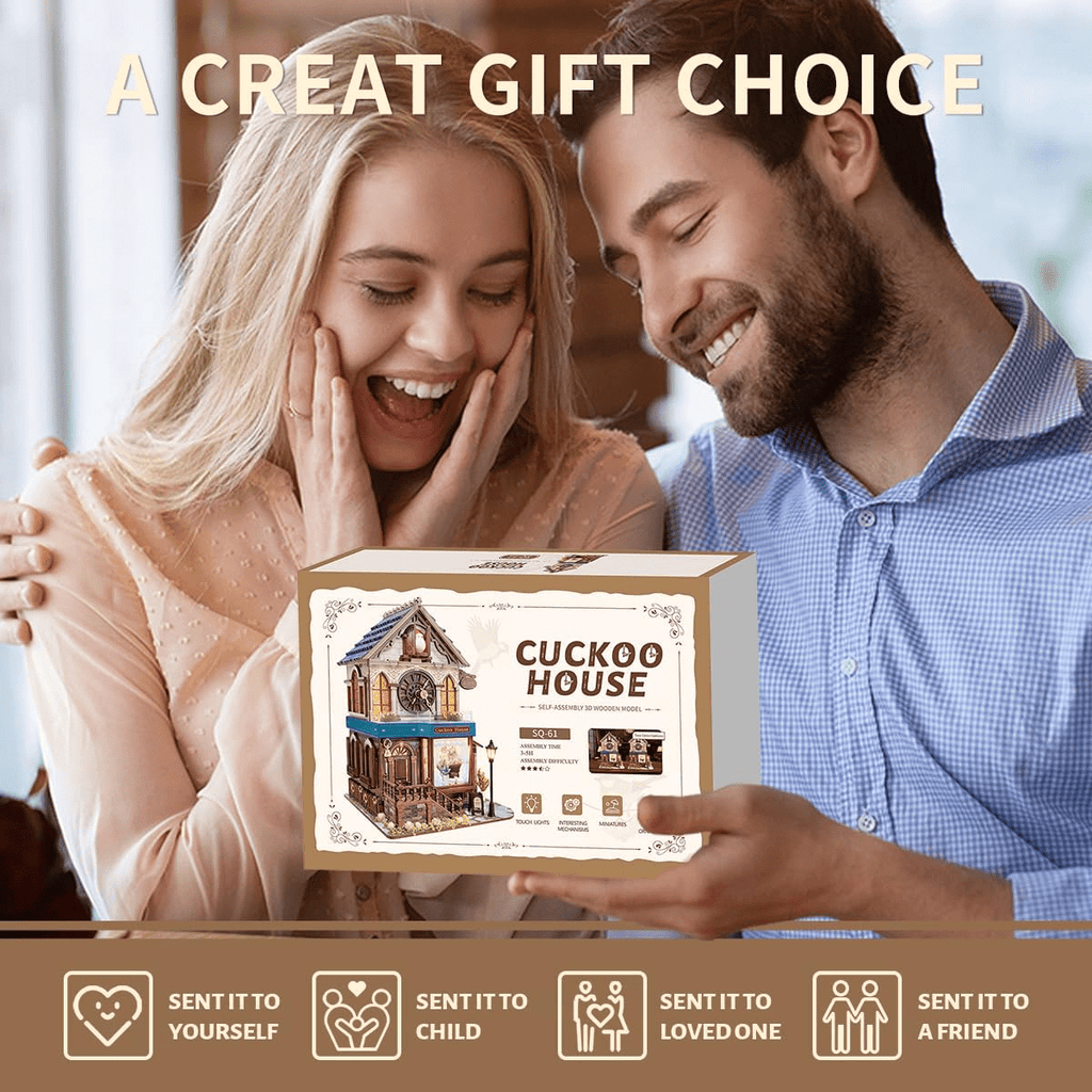 DIY Book Nook Kit,3D Wooden Puzzles - Miniature Cuckoo Clock House Kit, DIY Wooden Building Set for Adults and Teens, Mini Model Kit with 3-Mode Touch Switch - Cuckoo House