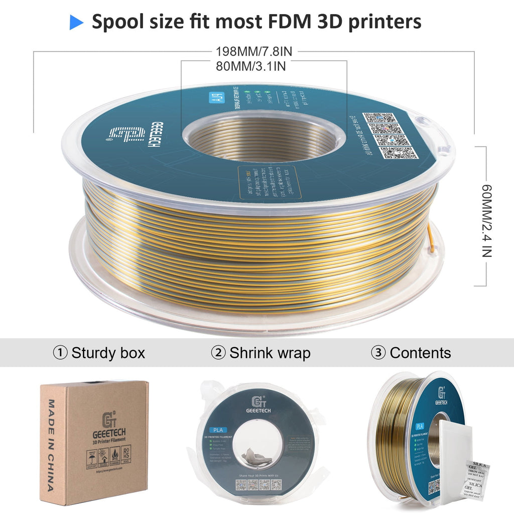 Geeetech Anti-silk type 3D Printer PLA Filament 1KG Toughness Enhanced Filament with 1.75mm Dimensional Accuracy +/-0.03mm, 1080 Feet per Roll, Vacuum Packaging Two-tone gold copper