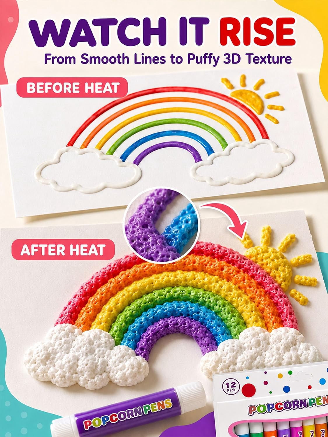 3D Relief Art Pen, Popcornpens Works On Different Surfaces（12 color,2pcs）