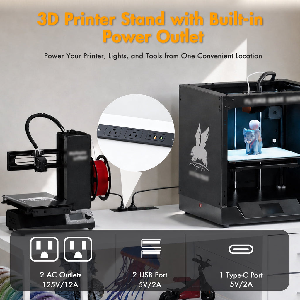 Advwin 47" Heavy Duty 3D Printer Stand with Power Outlet, Pull-Out Rolling Filament Storage Rack, 2 Fabric Drawers & Open Shelves, 3D Printer Table Workstation for Home Office Studio, Black