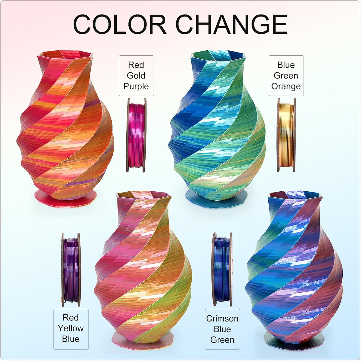 Tri Color Silk PLA 3D Printer Filament Bundle 1.75mm Changing Multi Pack 4 Spool Each 250g (Multicolor: Red&Yellow&Blue; Red&Blue&Green; Red&Purple&Gold; Orange&Blue&Green)
