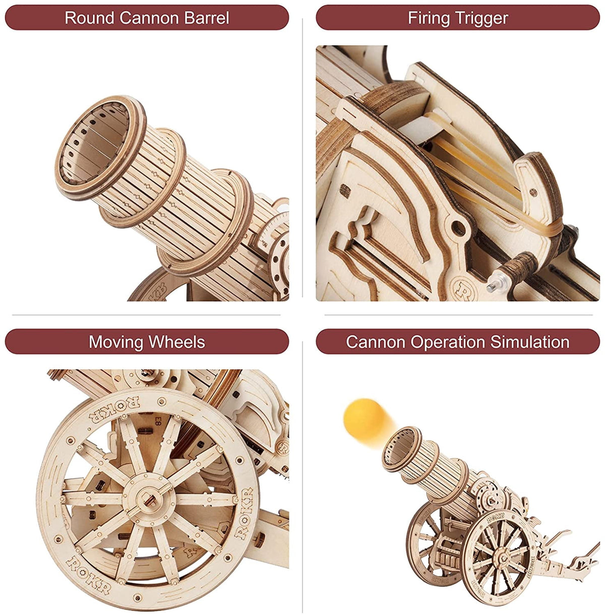 ROKR 3D Wooden Puzzle 158 Pieces Diy Model Toys Medieval Wheeled Cannon Brain Teaser Gift for Kids