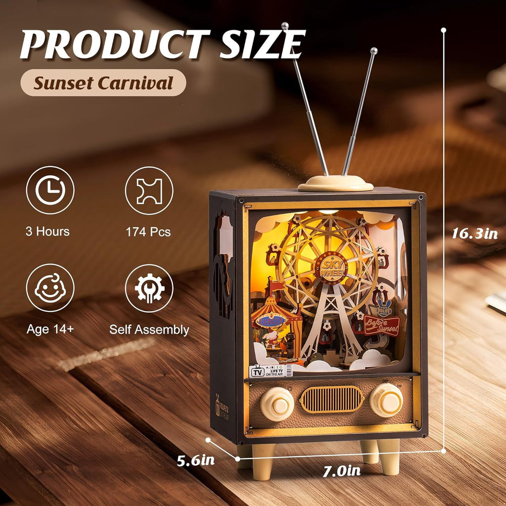 ROBOTIME Sunset Carnival 3D Wooden Puzzle Music Box,DIY Tiny House Model Craft Kits for Bookends Bookshelf Decor,Gifts for Teens Adults Boys Girls