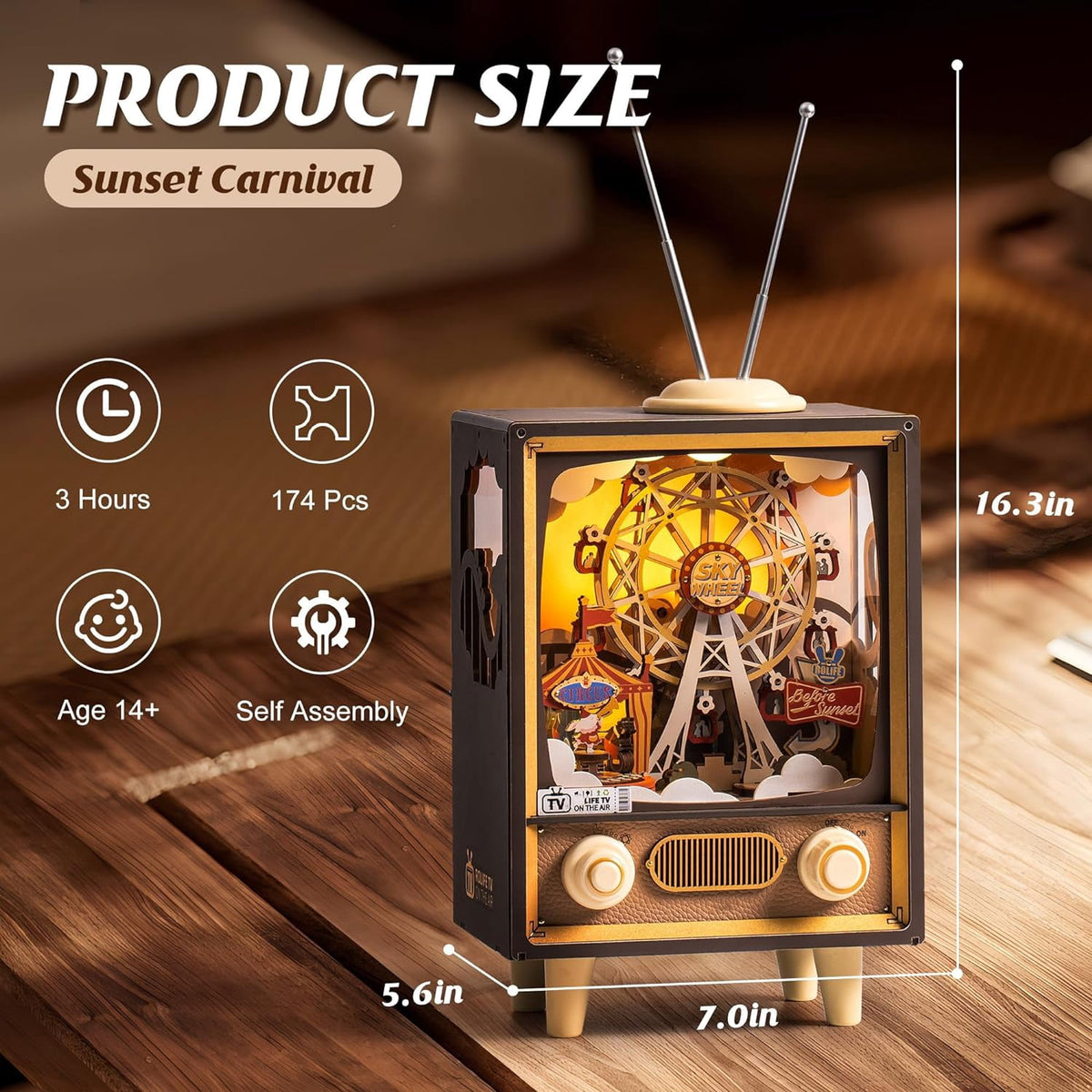 ROBOTIME Sunset Carnival 3D Wooden Puzzle Music Box,DIY Tiny House Model Craft Kits for Bookends Bookshelf Decor,Gifts for Teens Adults Boys Girls