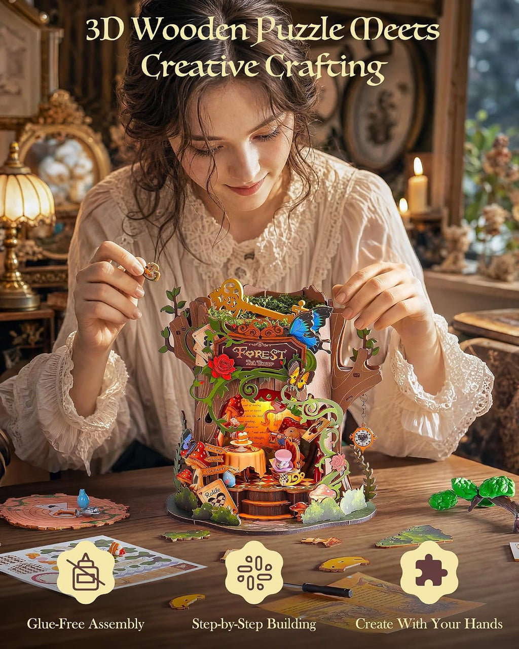 Rolife Forest Tea Party DIY Music Box, 3D Wooden Puzzle with Moving Table and Chair, Forest Tea Party Scene Decor for Adults