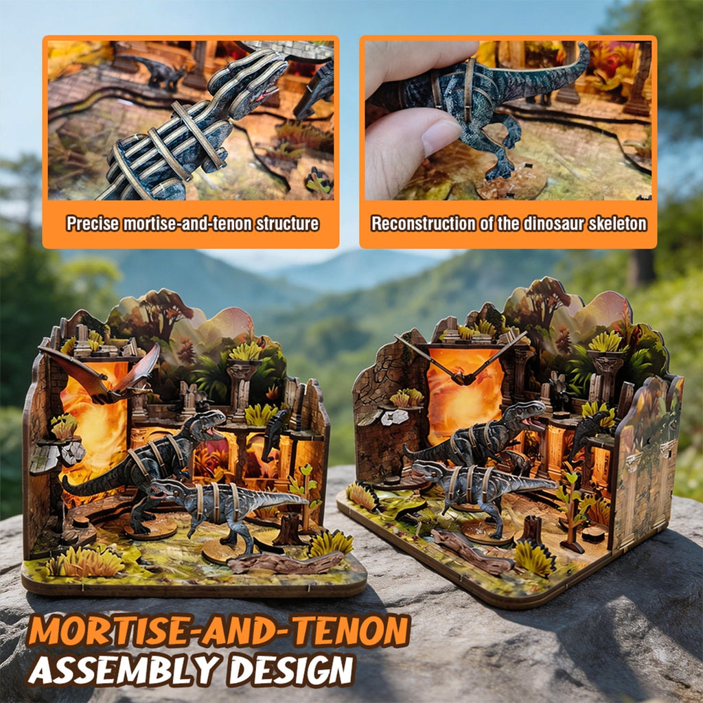 Dinosaur 3D Wooden Puzzle Set 89 Pieces Book Nook Kit with LED Light,Christmas and Birthday Gifts for 14+ Teens Adults