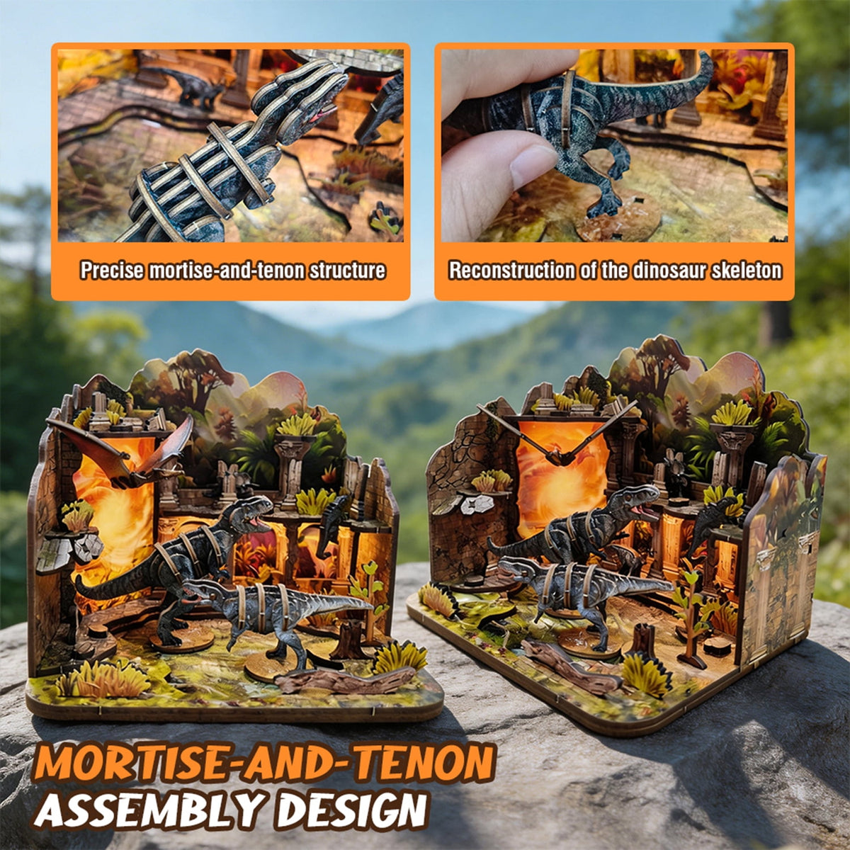 Dinosaur 3D Wooden Puzzle Set 89 Pieces Book Nook Kit with LED Light,Christmas and Birthday Gifts for 14+ Teens Adults