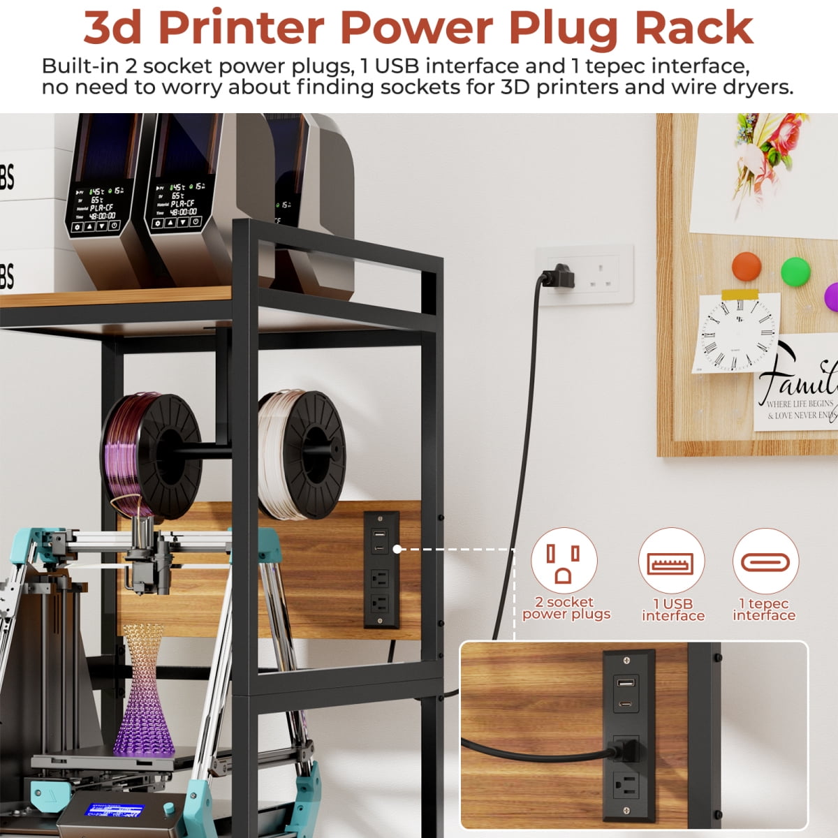 YANGXUN 3D Printer Stand with Filament Storage Built in Power Panel Open Frame Heavy Duty Metal Workstation for Home and Office