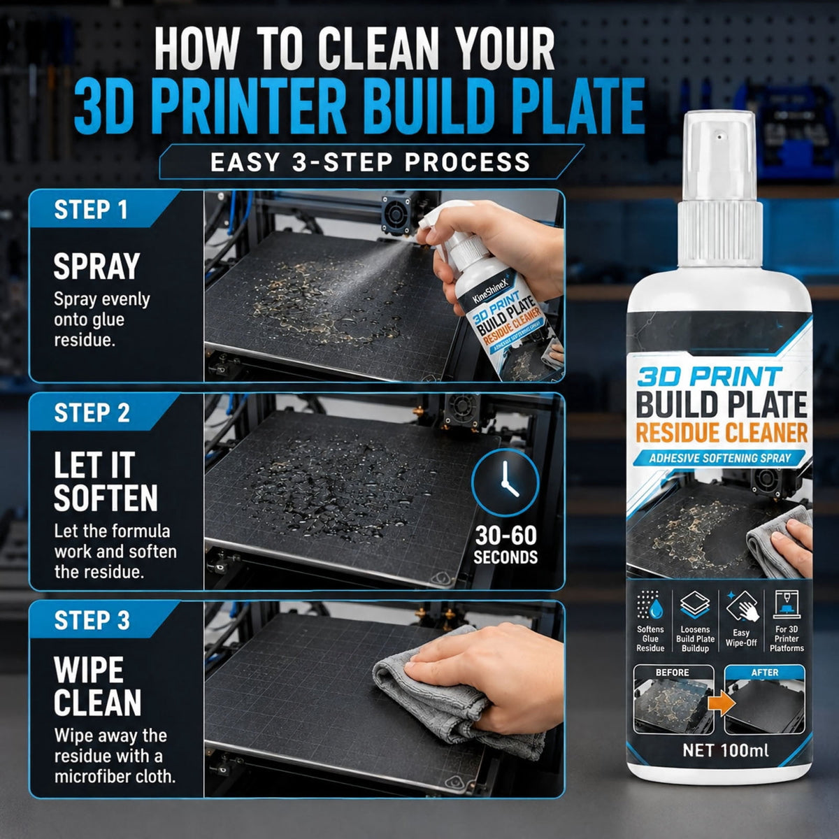 3D Printer Build Plate Cleaner Spray, 3.4oz Cleaning Agent that Removes Oil Residue And Fingerprints for PEI Glass Flex Plates 3D Printing Maintenance