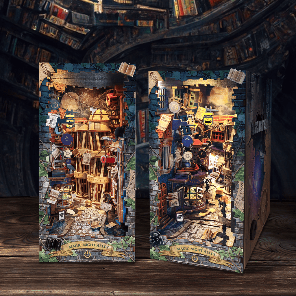 Strucwood DIY Book Nook Kit Magic Night Alley Wooden Puzzles with LED Dust Cover,3D Crafts Hobbies,Gifts for Adults(SQ-16)