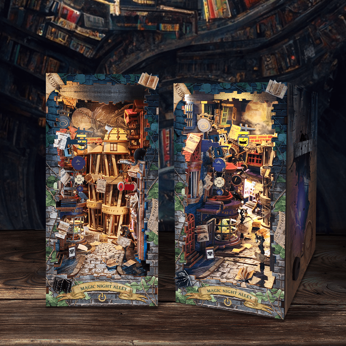 Strucwood DIY Book Nook Kit Magic Night Alley Wooden Puzzles with LED Dust Cover,3D Crafts Hobbies,Gifts for Adults(SQ-16)