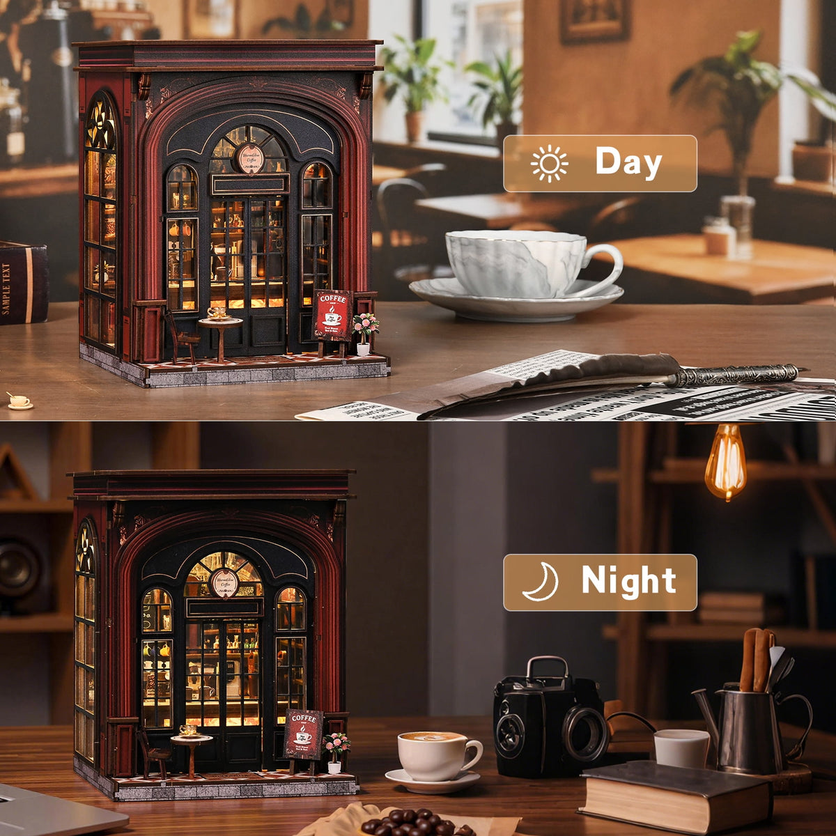 DIY Book Nook Kit with LED Light,Forest Tea Book Club Miniature House Bookshelf Insert Decor, 3D Wooden Puzzle Dollhouse Craft Kit for Adults Teens, Book Lover Gift