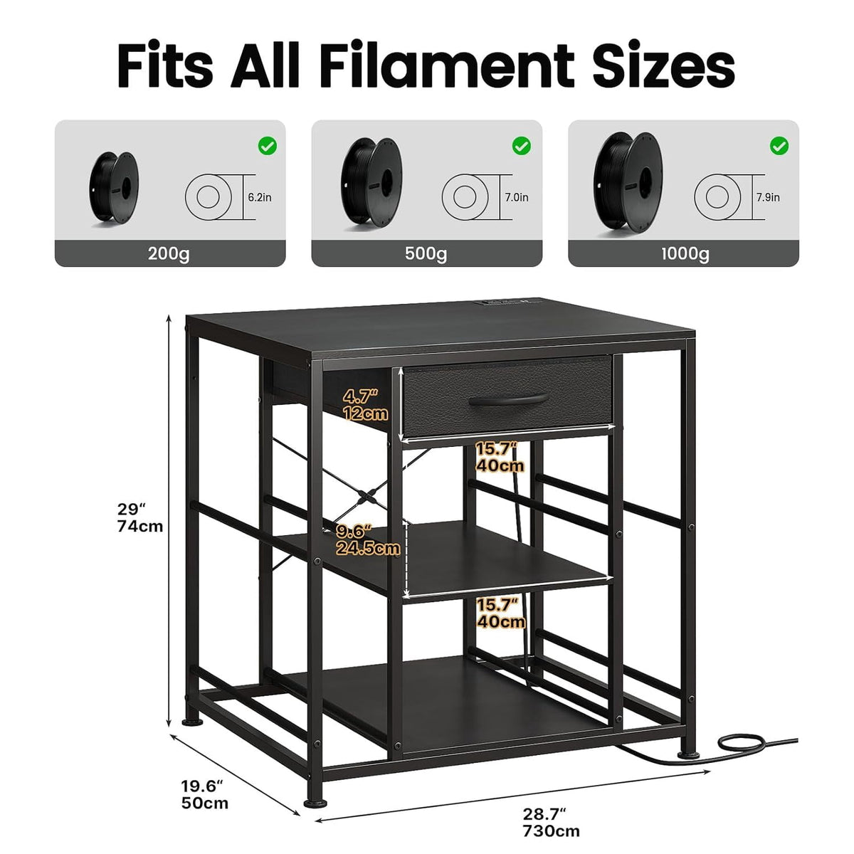 3D Printer Table with Filament Storage Rack & Drawer Organizer | 28-Spool Holder Rack,Anti-Shake Desk,Heavy duty,Anti-Vibration Feet, for home studio, office