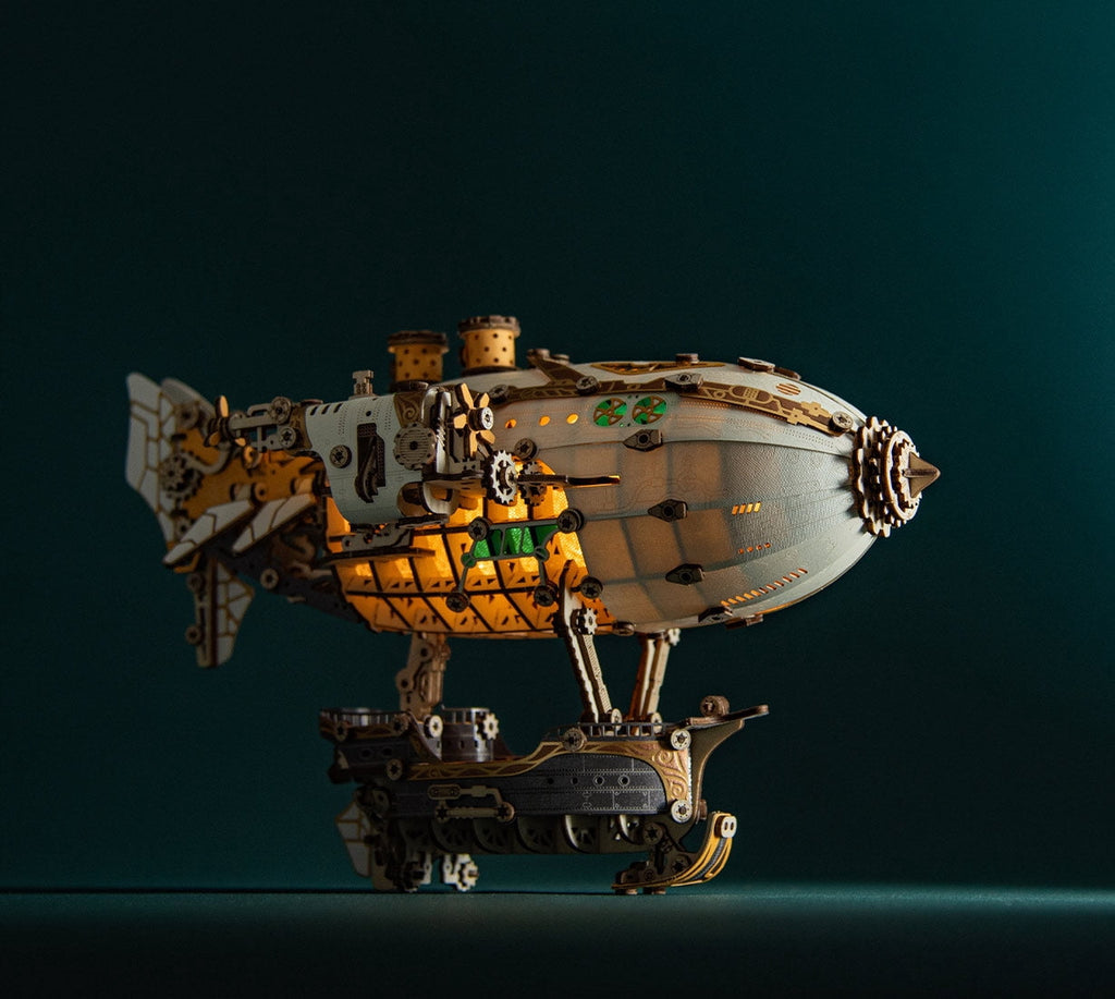 Steampunk Airship Blimp 3D Wooden Puzzle Model Kit with LED Lights, Vintage Desk Decor Craft Gift for Adults