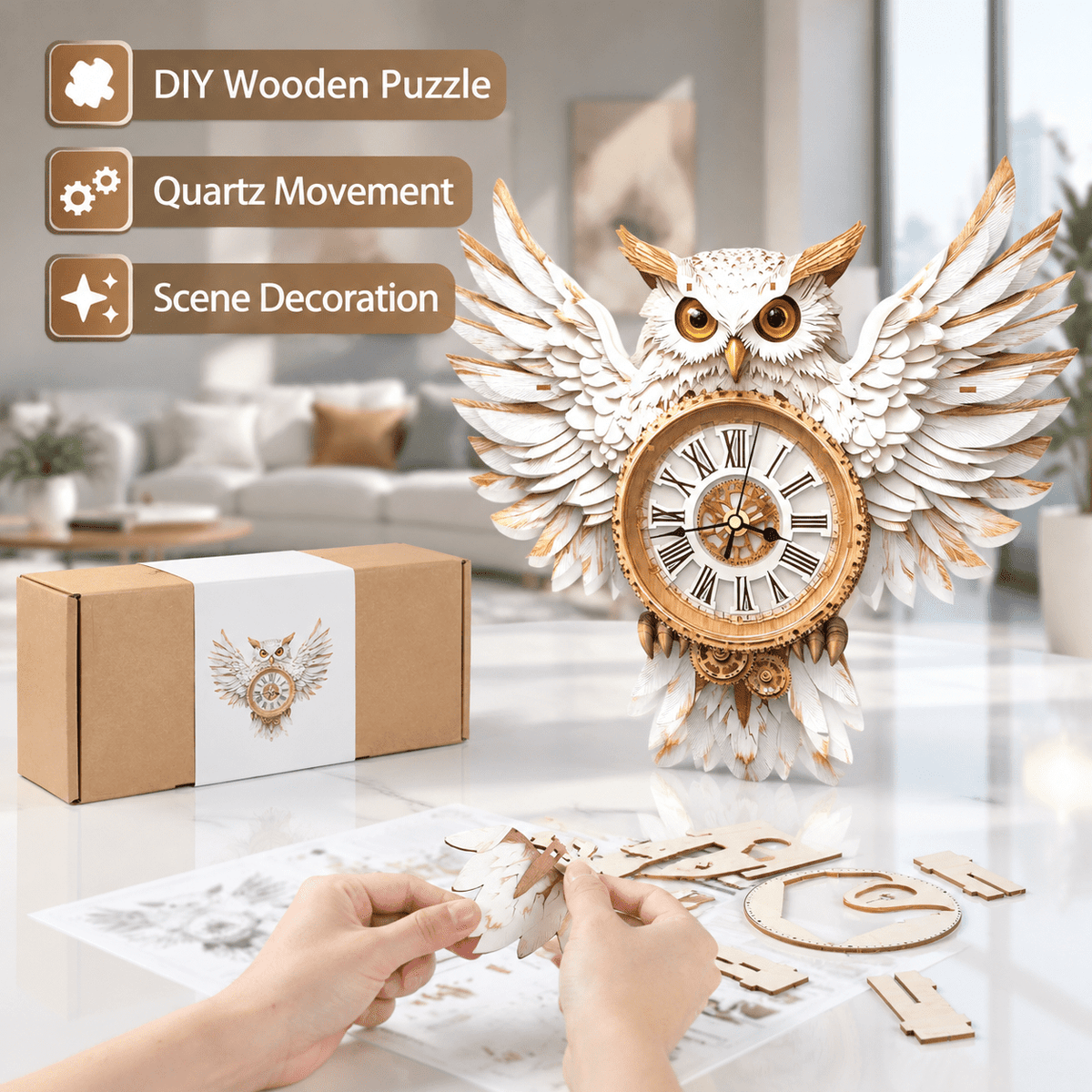 Fire Phoenix Wooden 3D Puzzle Clock DIY Model Kit for Adults