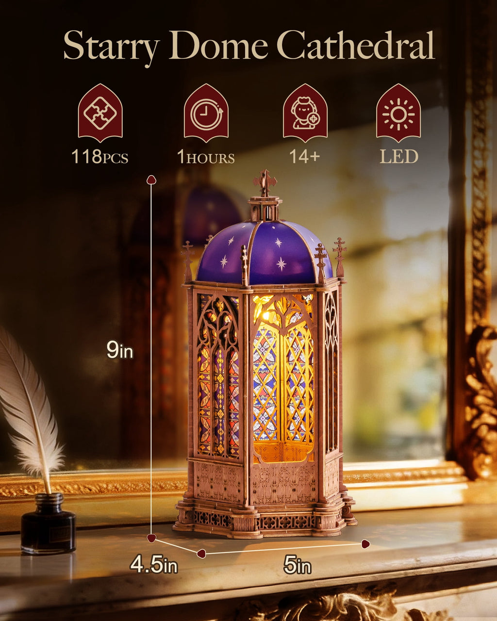 Robotime 3D Wooden Puzzles, Starry Dome Cathedral Wooden Model Kits for Adults to Build, DIY MIniature House Kit with LED for Home Decor, Gifts for Adults Kids